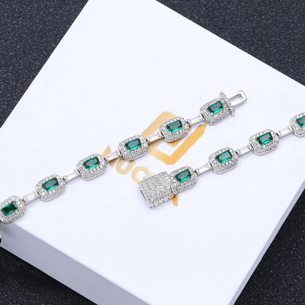 Gold Baguette Bracelet Iced Out Emerald Cushion