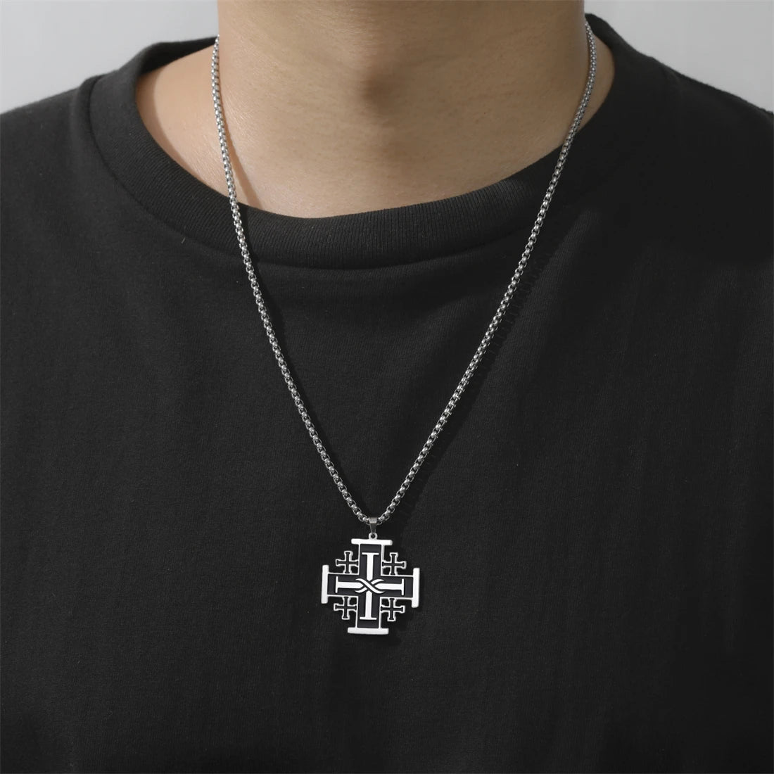 Jerusalem Crusader Cross Necklace — Five-Fold, Stainless Steel