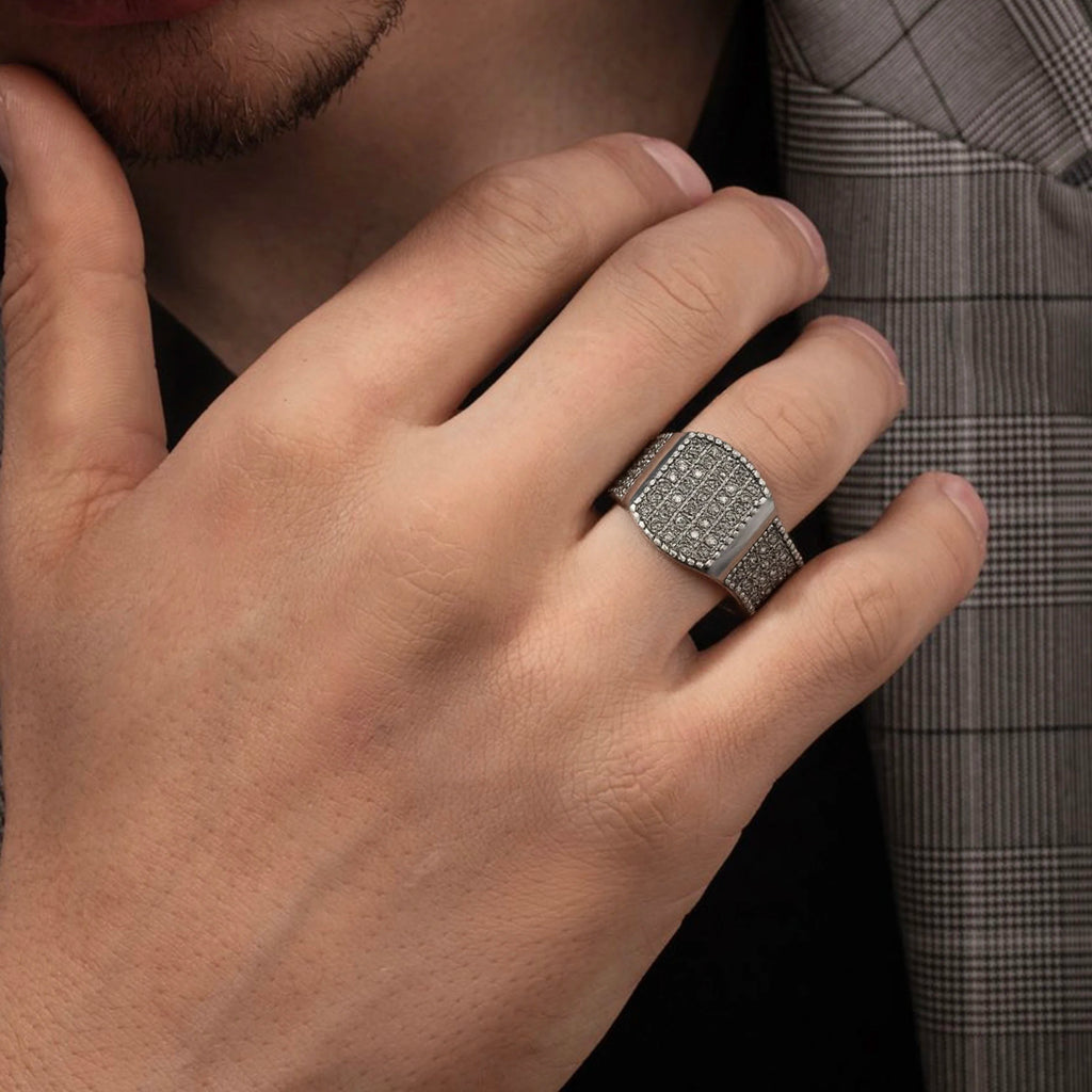LNCHRAN Men 316L Stainless Steel Silvery Paved Black Synthetic Zircon Signet Ring Gothic Jewelry Gift For Men