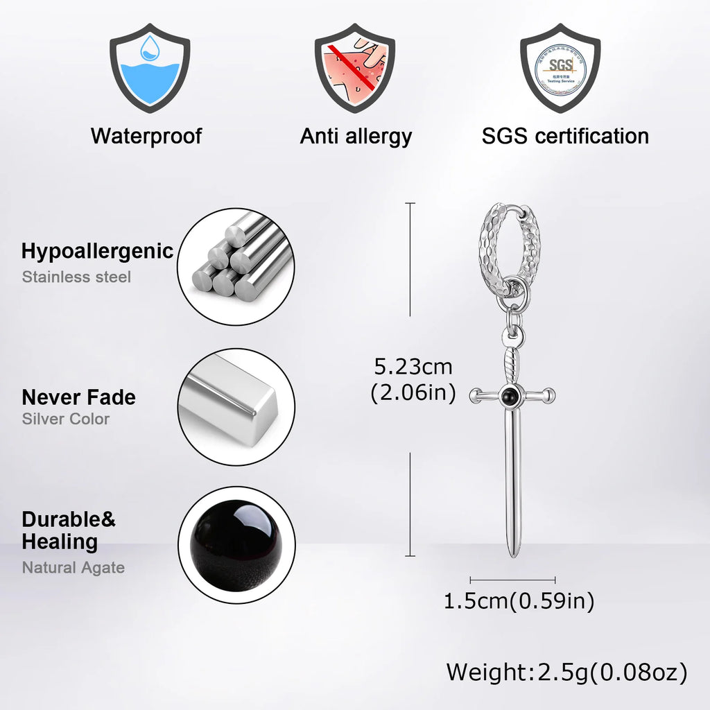 Vnox Stainless Steel Black Onyx Sword Huggie Hoop Earrings Punk Rock Dangle Earring for Men Women Couples Trendy Gothic