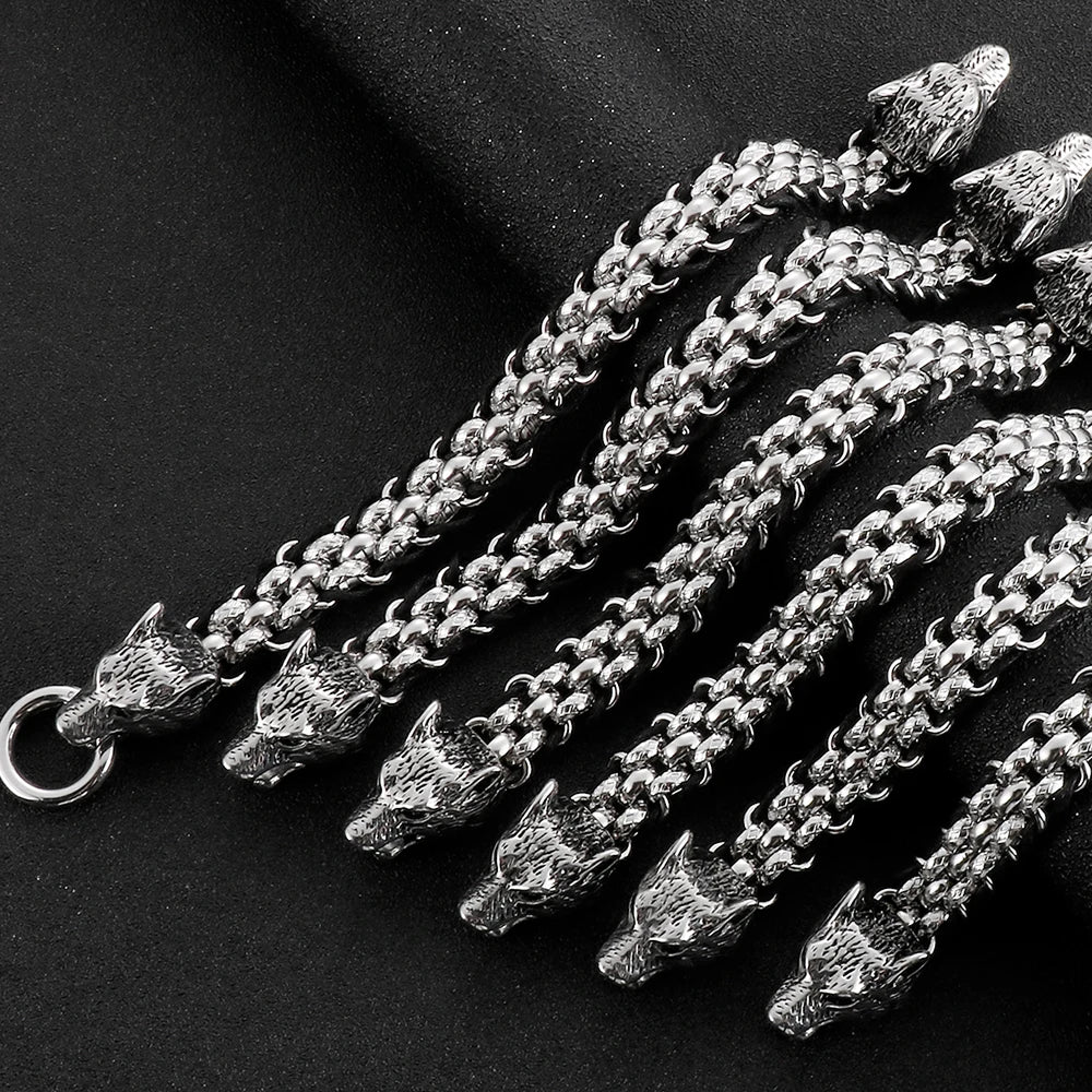 Gothic Double Wolf Heads On Hand Bands Bracelet For Men Stainless Steel Viking Jewelry Men's Bracelets With Spring Ring