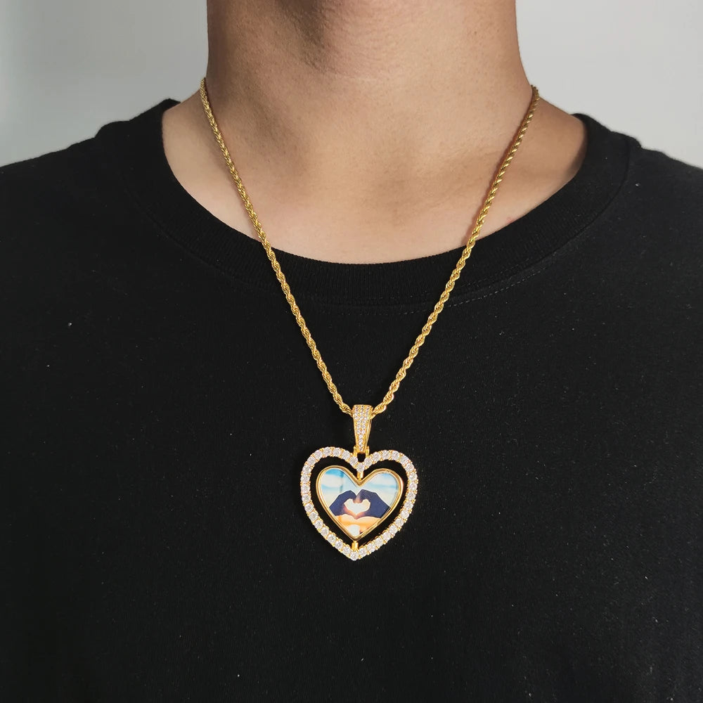 Iced Out Heart Photo Pendant Necklace