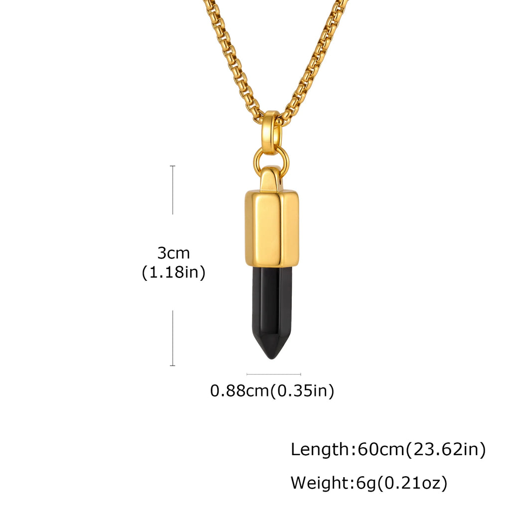 Black Agate Pendant Necklace — Stainless Steel