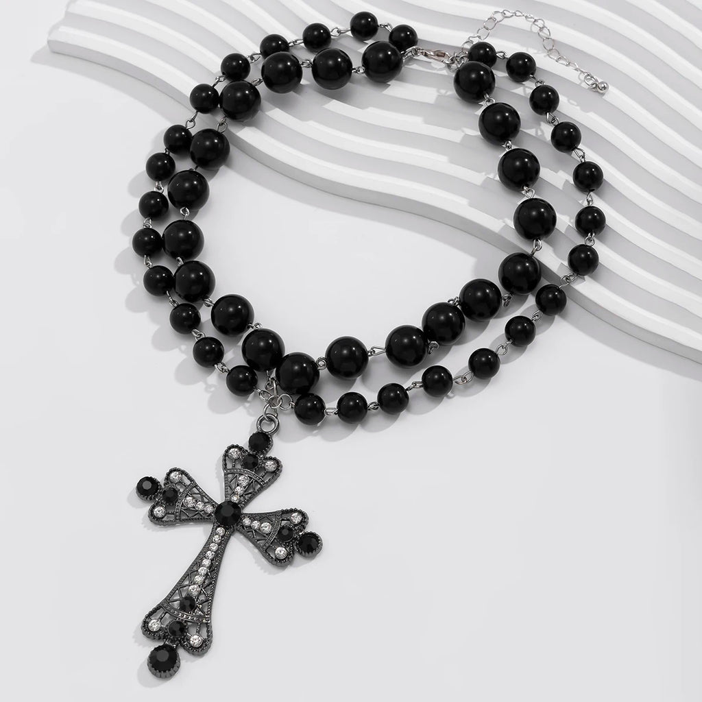 IngeSight.Z Trendy Goth Large Cross Pendant Necklace Elegant Charming Imitation Pearl Woman Choker Y2K Neck Jewelry