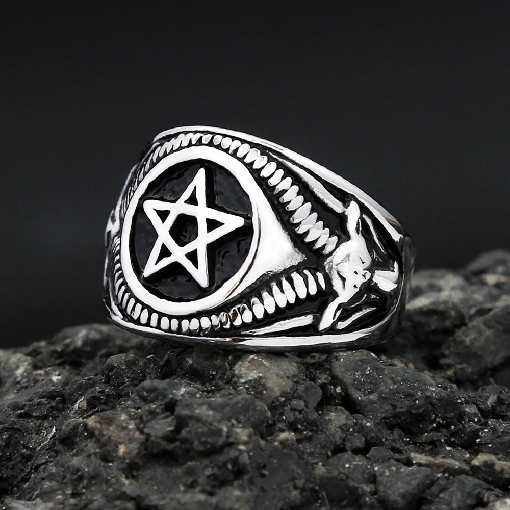 Vintage Fashion Stainless Steel Pentagram Rings For Men Women Gothic Biker Goat Devil Demon Ring Party Jewelry Gifts Wholesale