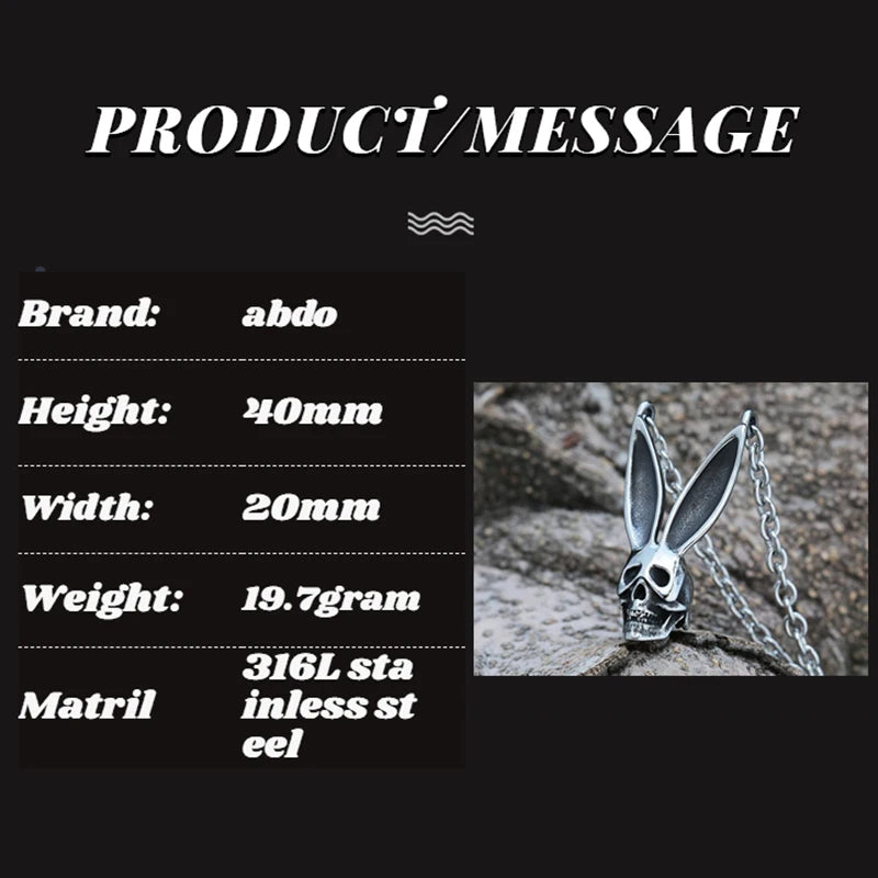 3D Rabbit Pattern Metal Pendant Necklace For Men Couple Gift Vintage Punk Animal Gothic Skull Choker Necklace Jewelry