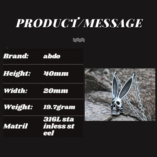 3D Rabbit Pattern Metal Pendant Necklace For Men Couple Gift Vintage Punk Animal Gothic Skull Choker Necklace Jewelry