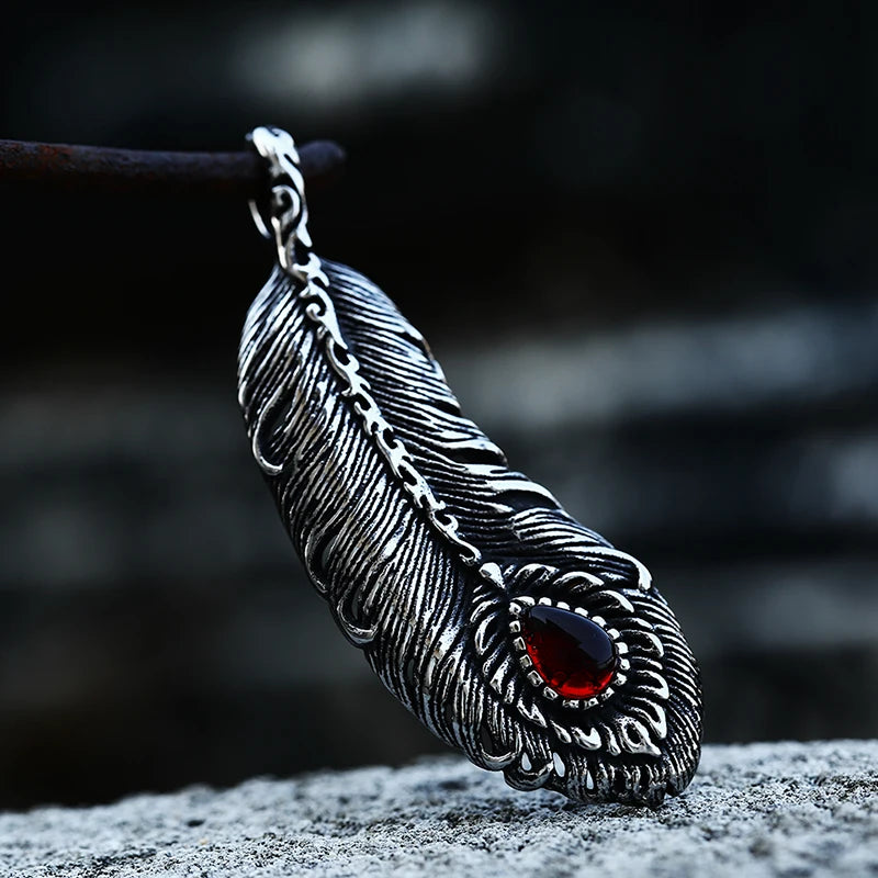 Iced Out Fire Feather Stainless Steel Pendant Necklace