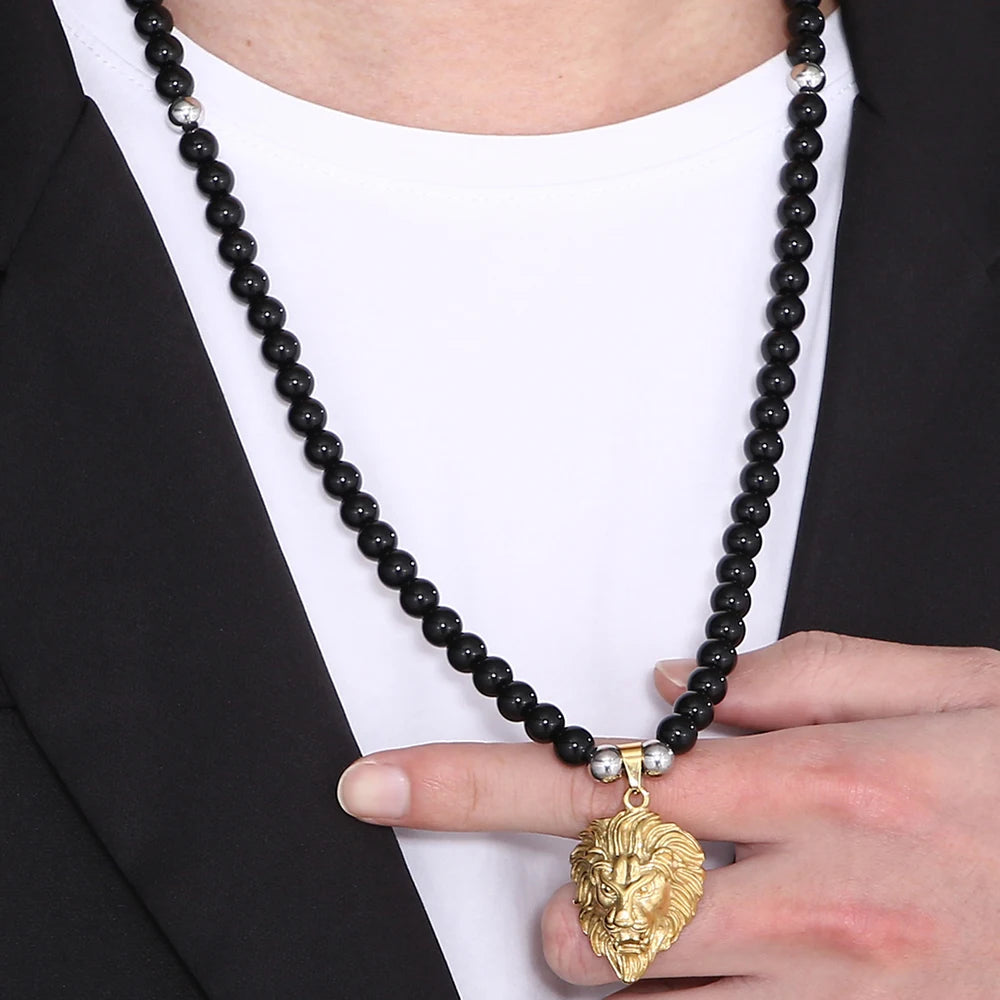 Steampunk Lion Head Pendant Necklace for Men With 66CM Agate Beads Chain Black Gold Color Hiphop Jewelry Bold Statement