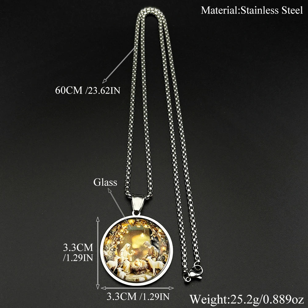 Nativity of Jesus Holy Family Glass Round Medal Pendant Necklace for Women Men Stainless Steel Christian Amulet Chain