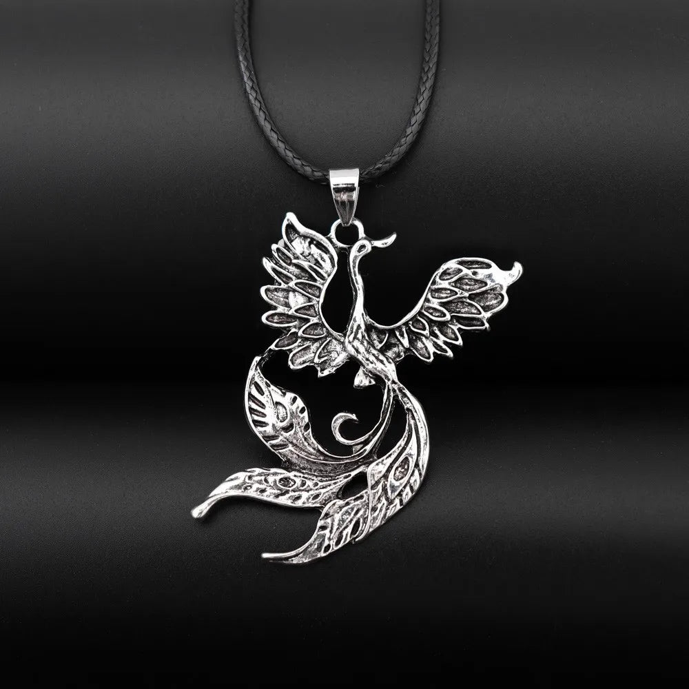 Vintage Phoenix Pendant Necklace — Black Cord, Animal Medal