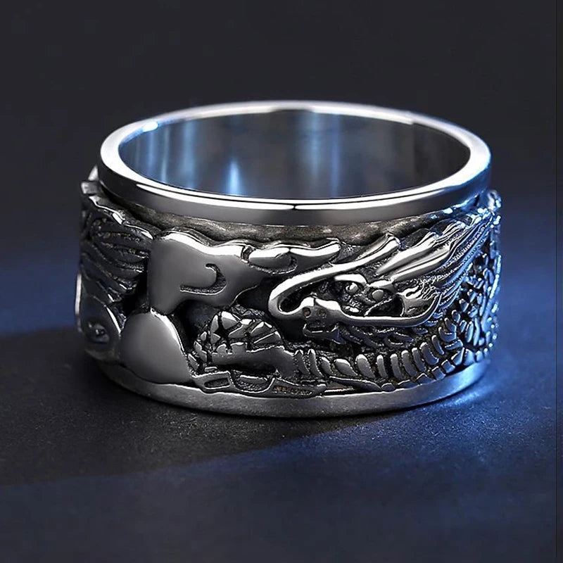 Original design Thai silver carved dragon men's ring retro domineering rotatable business style light luxury jewelry