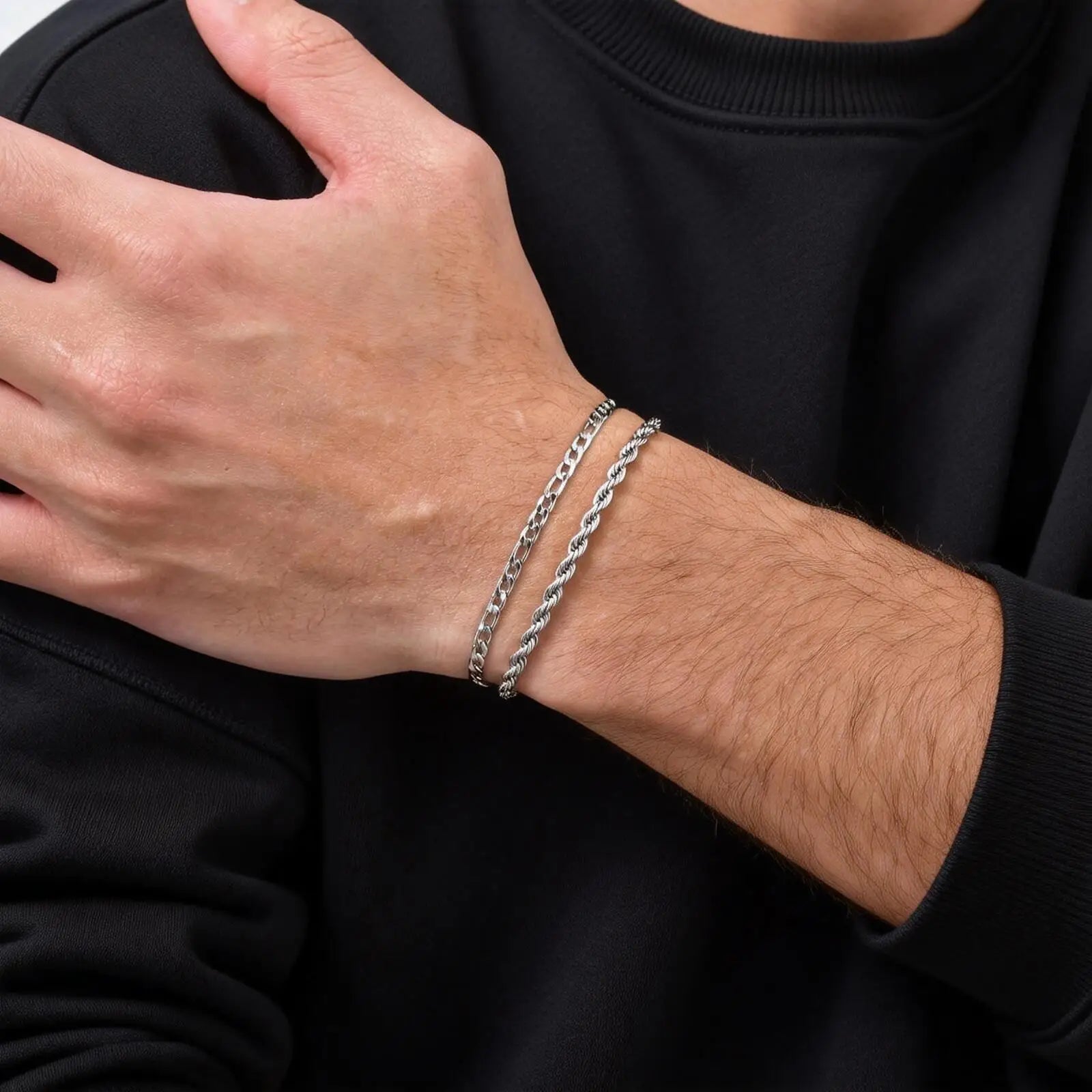 Figaro Rope Chain Bracelet Set Silver — Stainless Steel