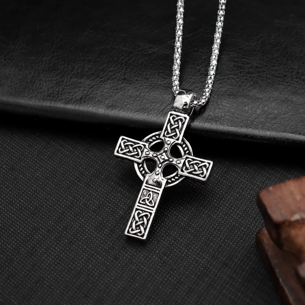 Vintage Celtic Cross Pendant Necklace Men's — Silver-Tone