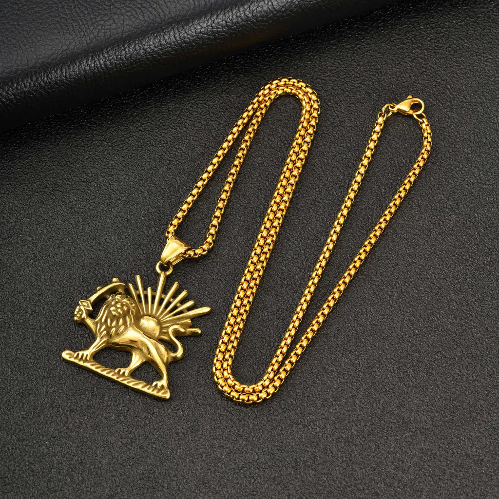 Lion Sun Pendant Necklace for Men Him, Stainless Steel Gold Silver Color Box Chain, Streetwear Daily Jewelry Gift