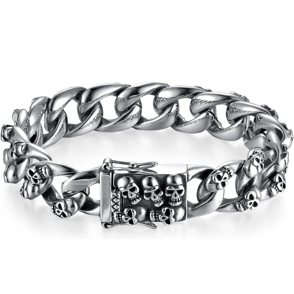 Men's Cast 316l Stainless Steel Skull Link Bracelet Man Punk Gothic Skeleton Head Wristband Biker Rock Chain Jewelry