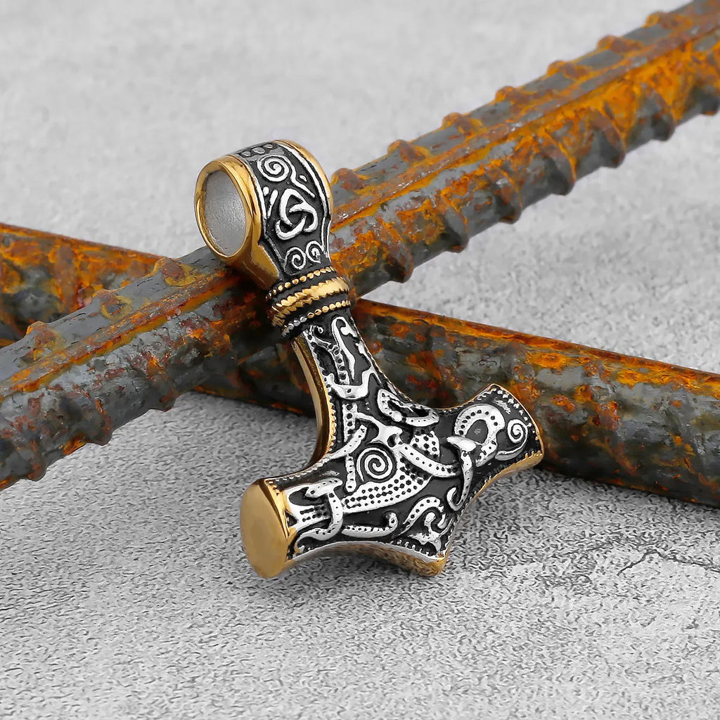 Nordic Viking Thor's Hammer Pendant Scandinavian Rune Amulet Necklace Stainless Steel Chain Men's Jewelry Gift