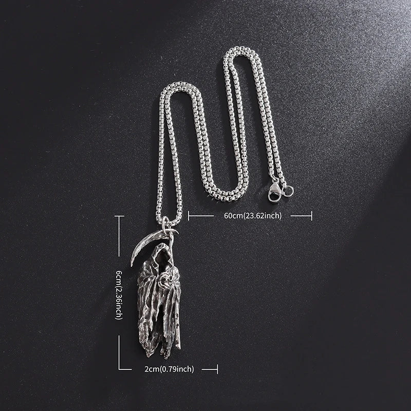 Retro Cloaked Grim Reaper with Sickle Pendant Necklace For Men Hip Hop Punk Silver Color Stainless Steel Neck Chain