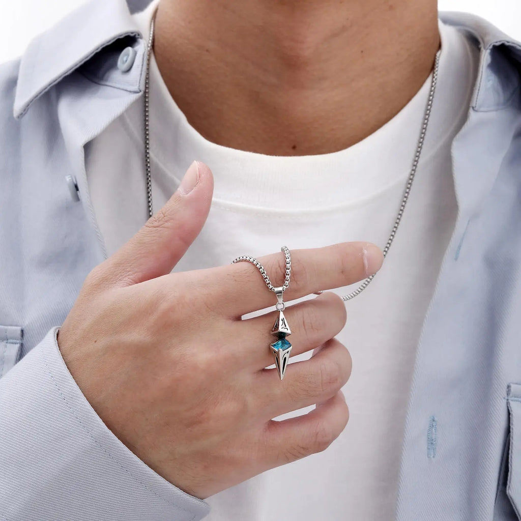 Blue Stone Geometric Pendant Necklace — Stainless Steel