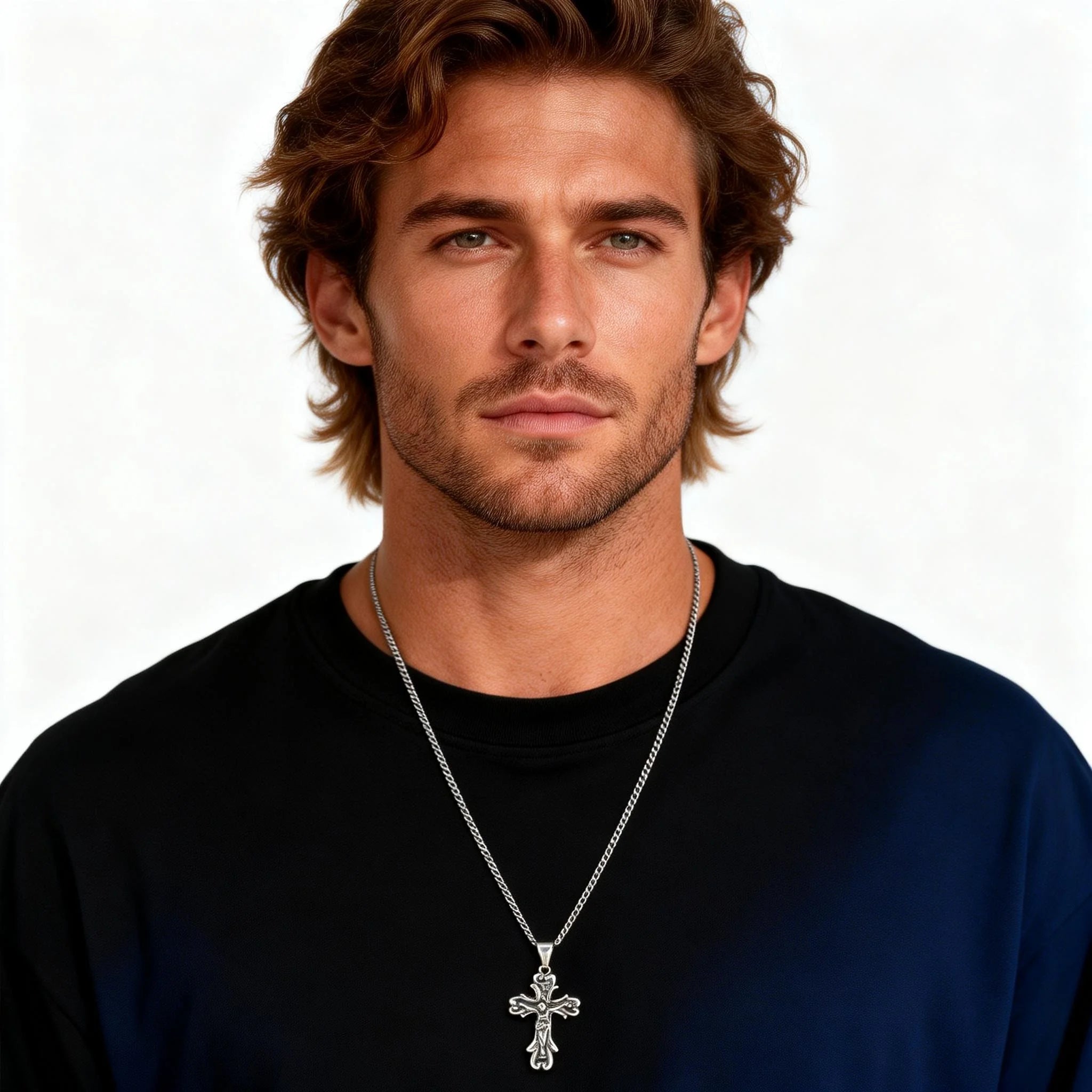 Gothic Cross Necklace for Men,Retro Grey Stainless Steel Crucifix Pendant Necklace,Vintage Punk Jewelry Gift