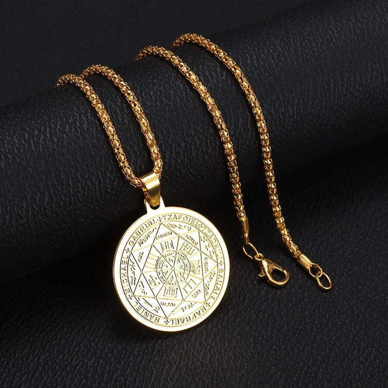 Stainless Steel Solomon Religious Seven Archangels Compass Pendant Necklace Men's Retro Lucky Amulet Jewelry