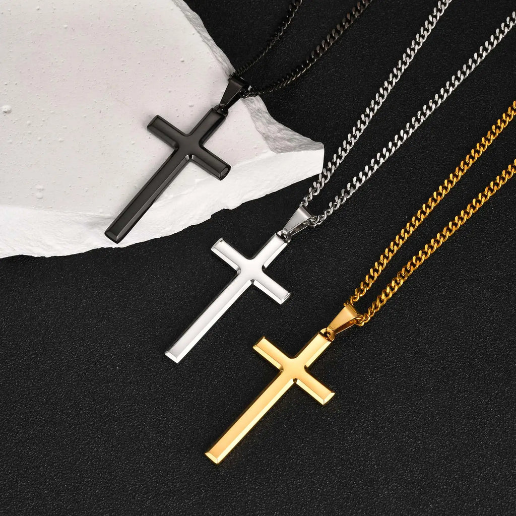 Vnox Gold Black Silver Color Cross Pendant Necklace for Men Women, Stainless Steel Cuban Link Chain, Cross Collar Gift for Him