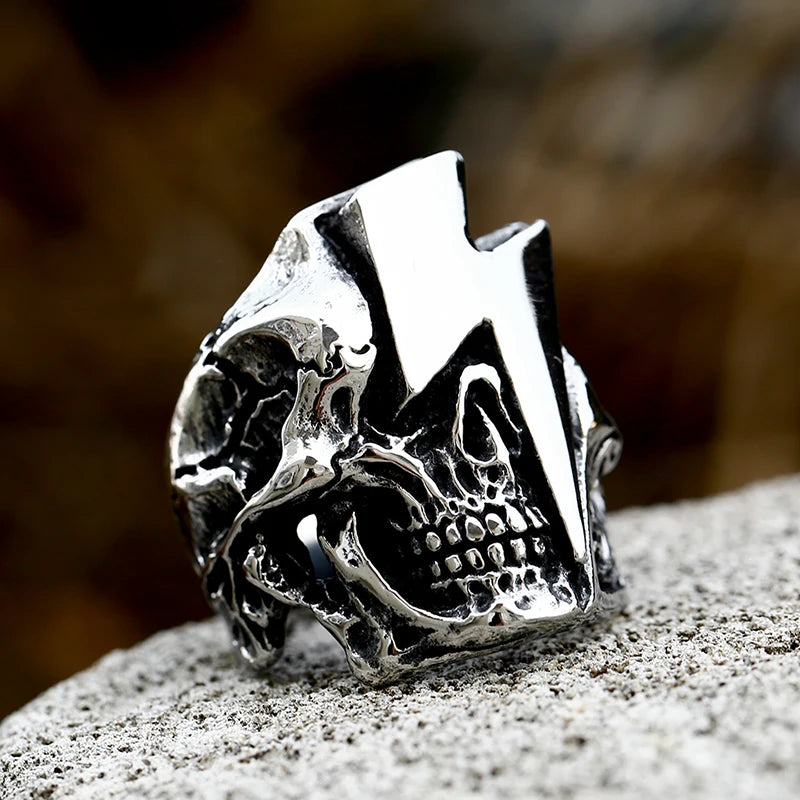2022 New Stainless Steel Lightning Skull Ring For Men Punk Rock Gothic Punk Metal Rock Biker Jewelry Accessories