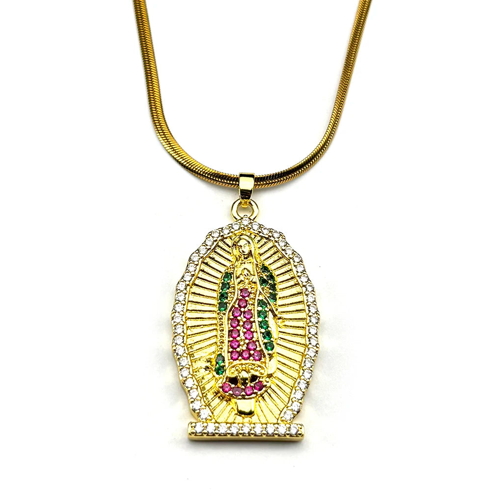 Catholic Virgin Mary Zircons Copper Pendant Necklace for Women Men Stainless Steel Gold Color Our Lady of Guadalupe