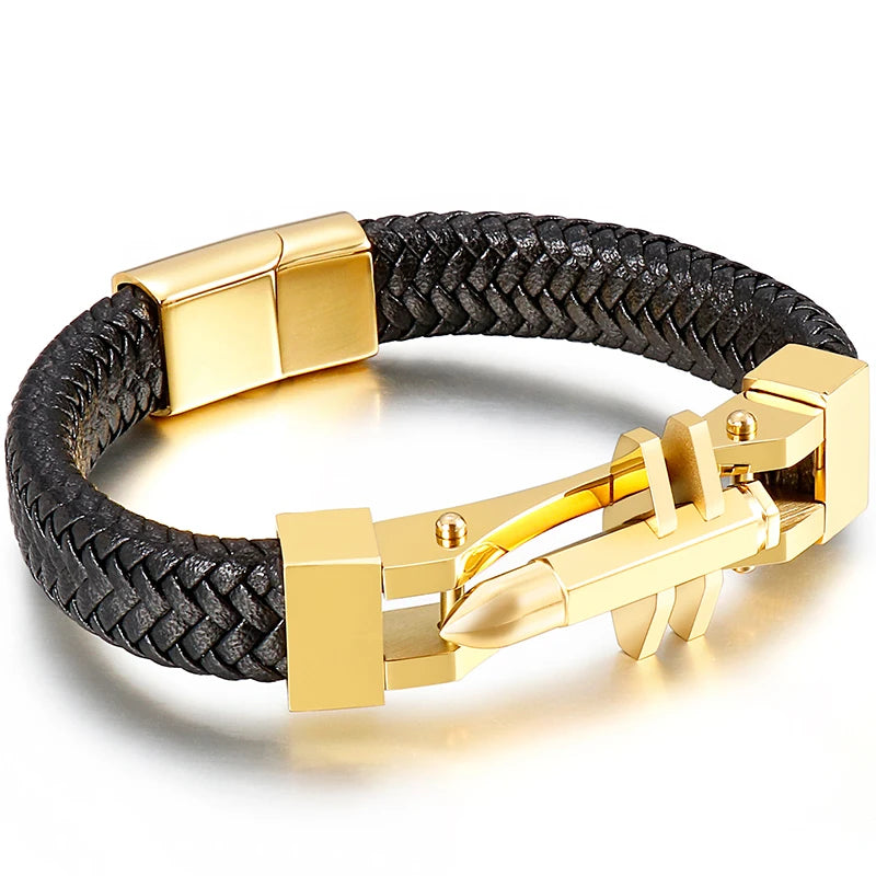 11MM Braided Leather Man Bracelet For Men Gold Color Stainless Steel Men's Charm Cross Bracelets Handmade Hand Bands