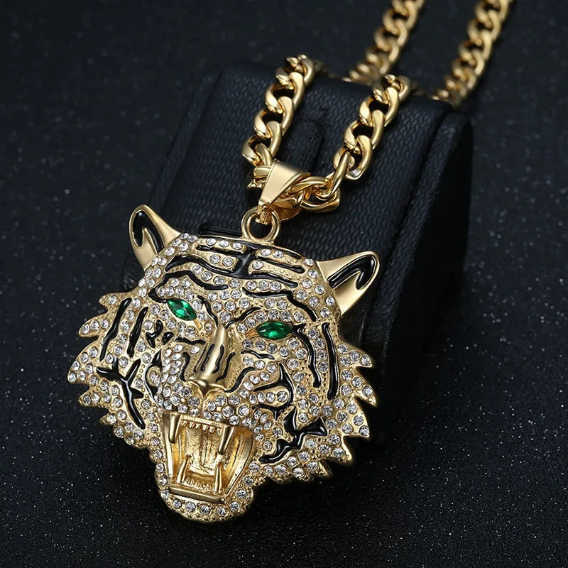 Fanshu Gold Plated Stainless Steel Luxury Bling Iced Out Tiger Pendant Collar Chains Necklace for Men Women Gift Punk