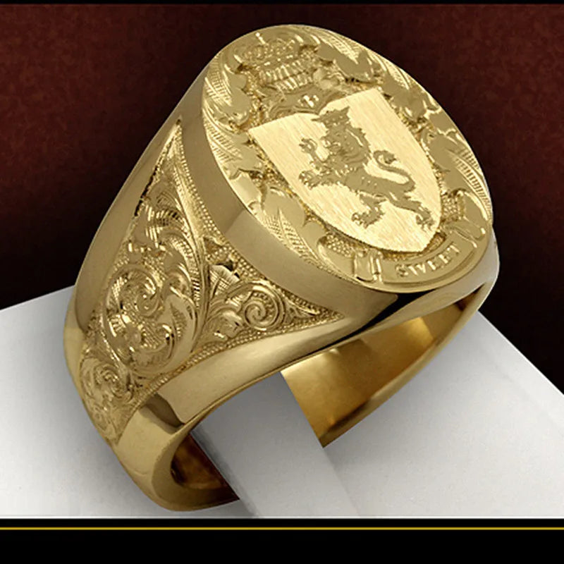 Crown Lion Carving 18k Gold Filled Royal Ring for Men Finger Bands Cool Masculine Trendy Jewelry Accessories Sizes 8,9,13