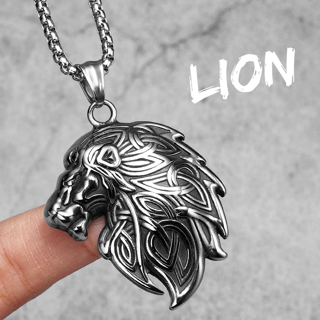 Celtic Knot Pendant Viking Stainless Steel Lion Head Necklace Animal for Men Vintage King Male Daily Wear Punk Jewelry