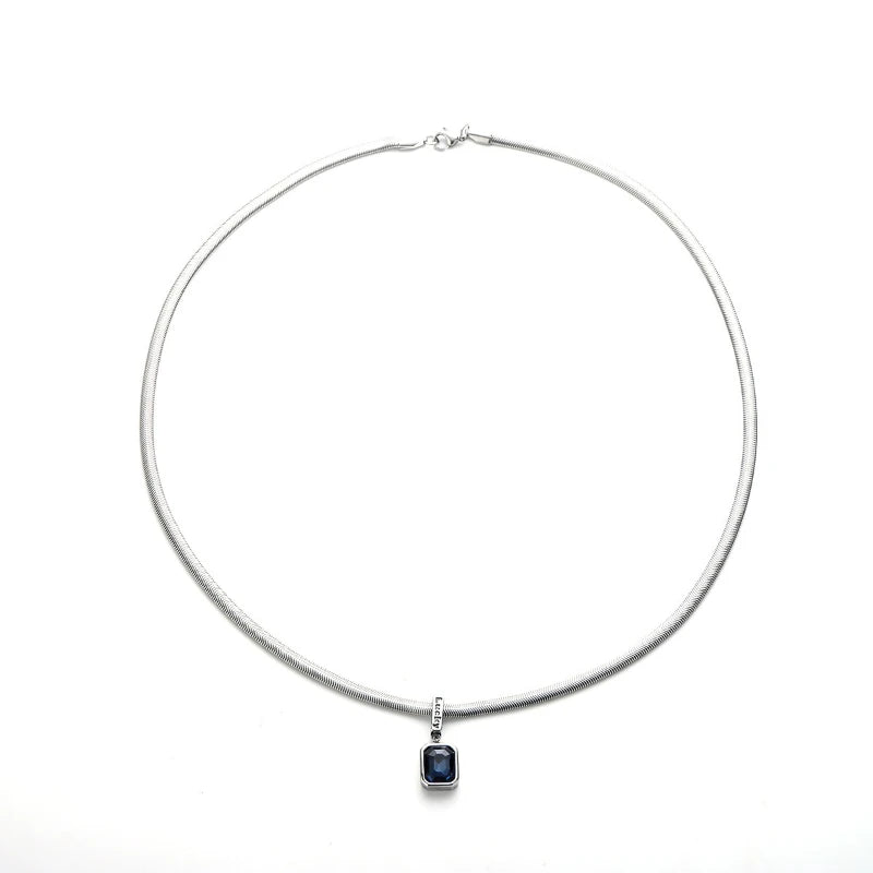 Blue Crystals Geometric Pendants Snake Bone Chain Titanium Steel Men Personality High-end Versatile Necklaces Fashion Jewelry