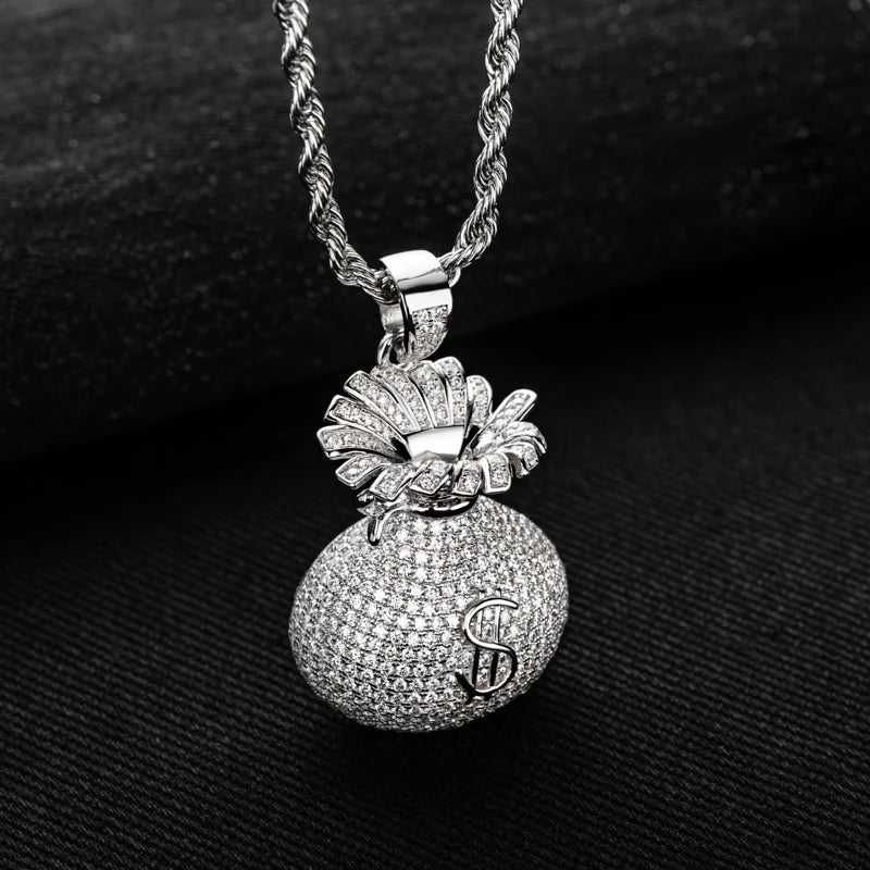 Iced Out Money Bag Pendant — 925 Silver