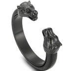 Stainless Steel Wolf Head Cuff Open Bangle Bracelet Man Black Leather Elastic Adjustable Boys On Hand Bracelets Men‘s
