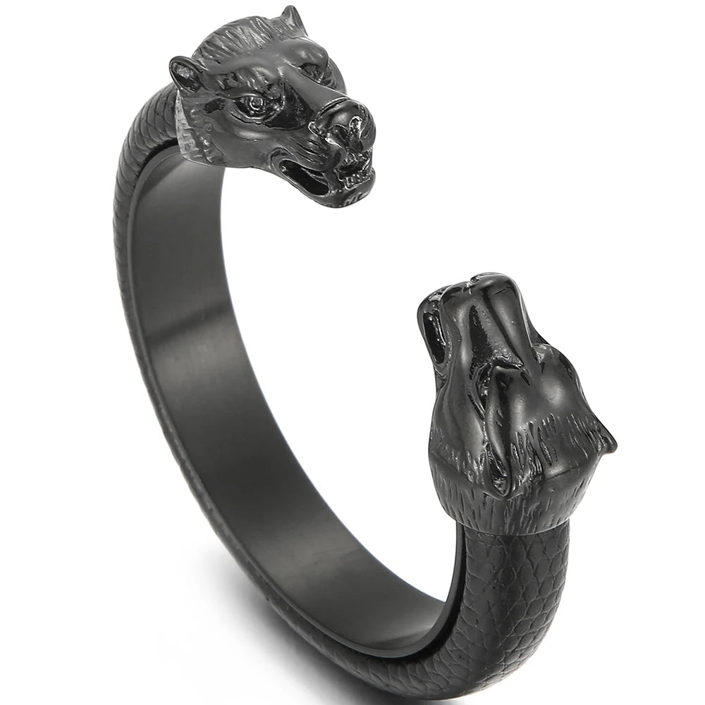 Stainless Steel Wolf Head Cuff Open Bangle Bracelet Man Black Leather Elastic Adjustable Boys On Hand Bracelets Men‘s