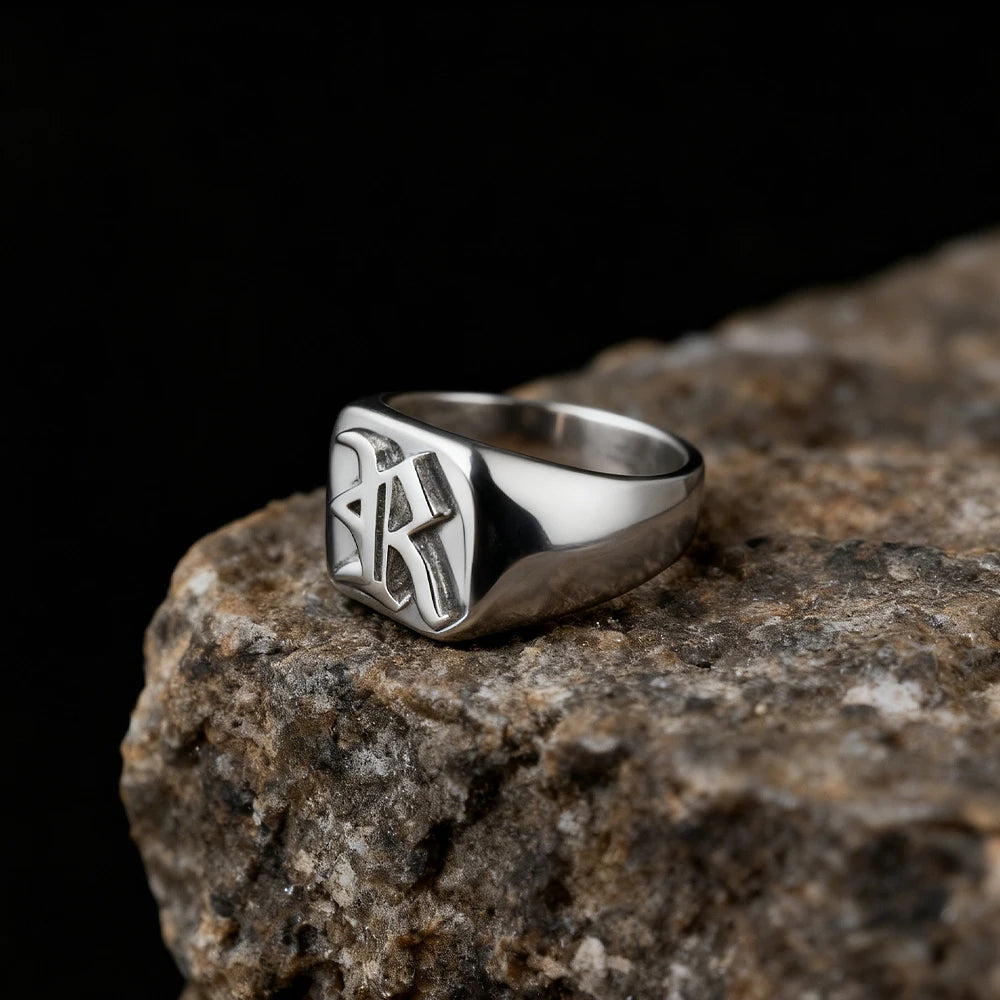 custom men Signet Ring Gothic Old English Initial Ring stainless steel Silver wedding Ring Personalized logo Christmas gift