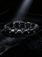 Hematite Stone Bracelet Handmade Woven with Gold color Spacers Cylinder Beads Leather for Energy Protection Reiki Charm Jewelry