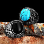 Vintage Black Turquoise Carved Men Rings Stainless Steel Punk Rock Luxury Fashion Jewelry Accessories For Women Gift Wholesale