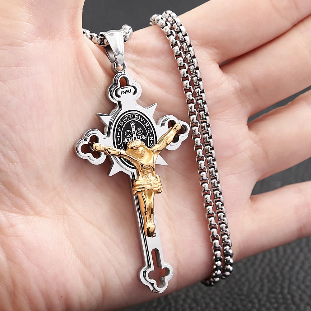 Vintage Christian Jesus Cross Pendant Necklace Men's Stainless Steel Religious Jesus Necklaces Prayer Baptism Jewelry Wholesale