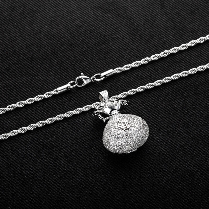Iced Out Money Bag Pendant — 925 Silver