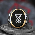 Vintage Sigil Lucifer Rock Ring 316L Stainless Steel Seal of Satan Stone Rings for Men Male Punk Rock Jewelry