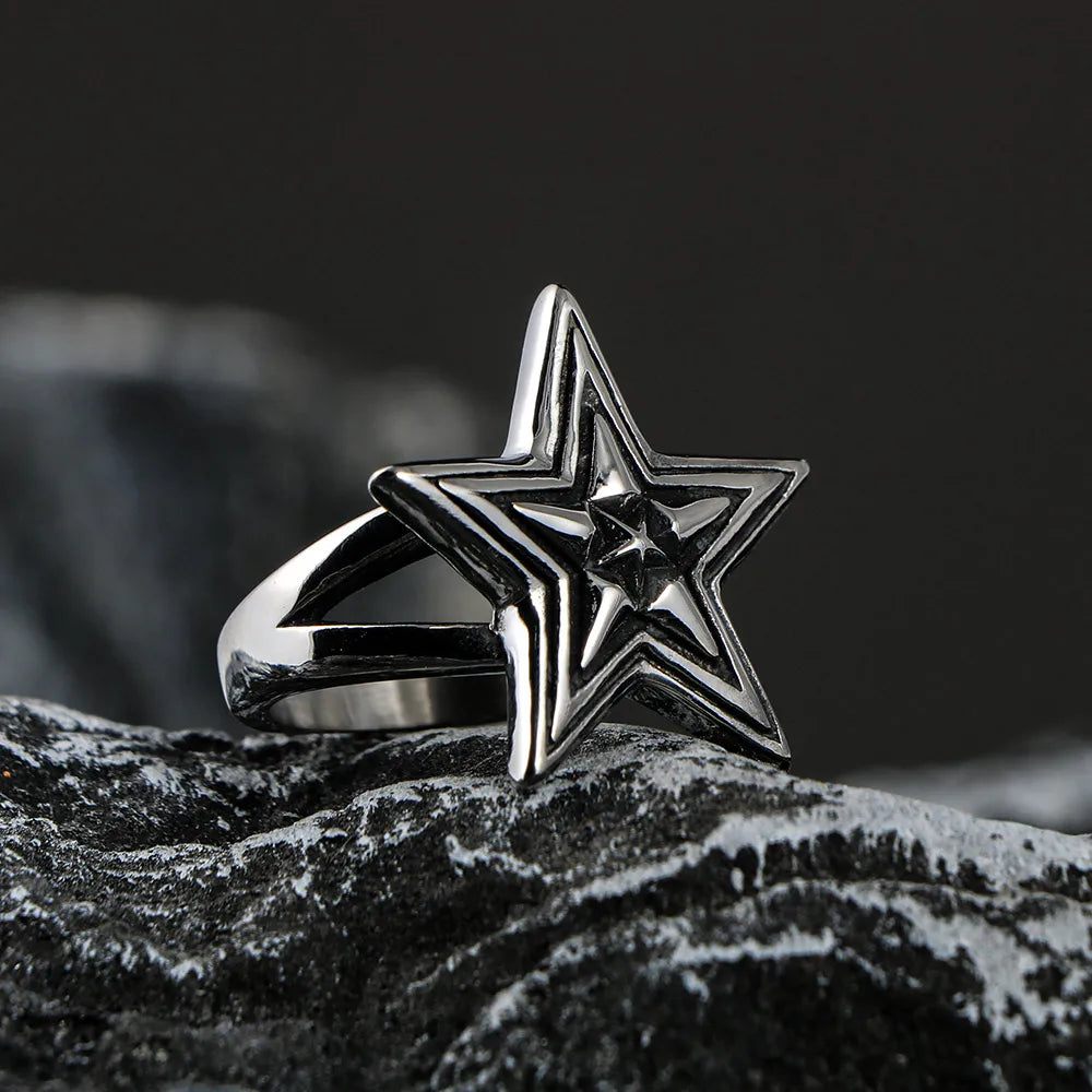 Large Five-Pointed Star Ring — Stainless Steel