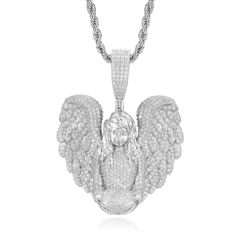 TUHE Copper Angel Wing Pendant Necklace Full Iced Out Cubic Zirconia Hip Hop Jewelry For Men Women Party Gift