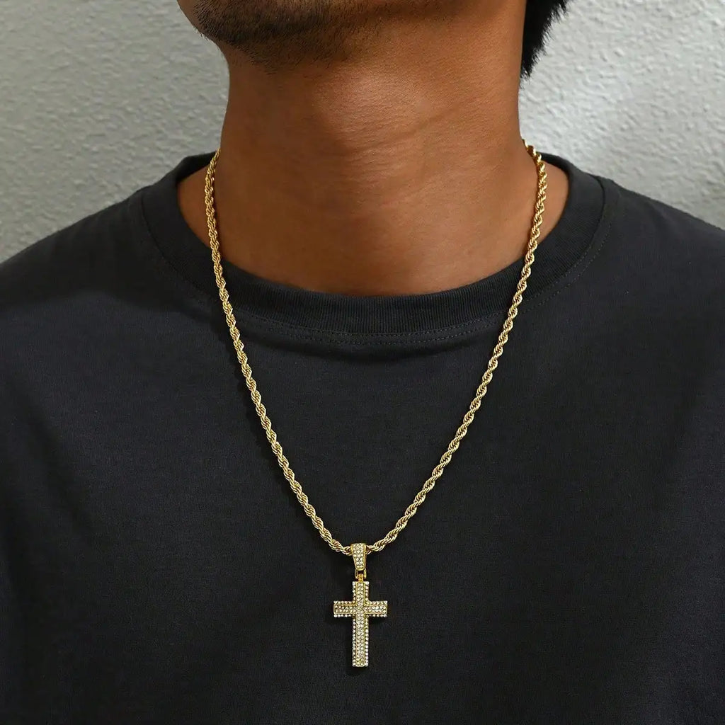1PC Gold Plated Cross Pendant Necklace Men Zircon Paved Rope Chain Hip-hop Streetwear Daily Party Jewelry Accessory