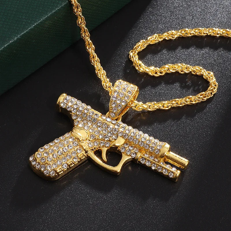 Silver Iced Out Pistol Pendant Necklace