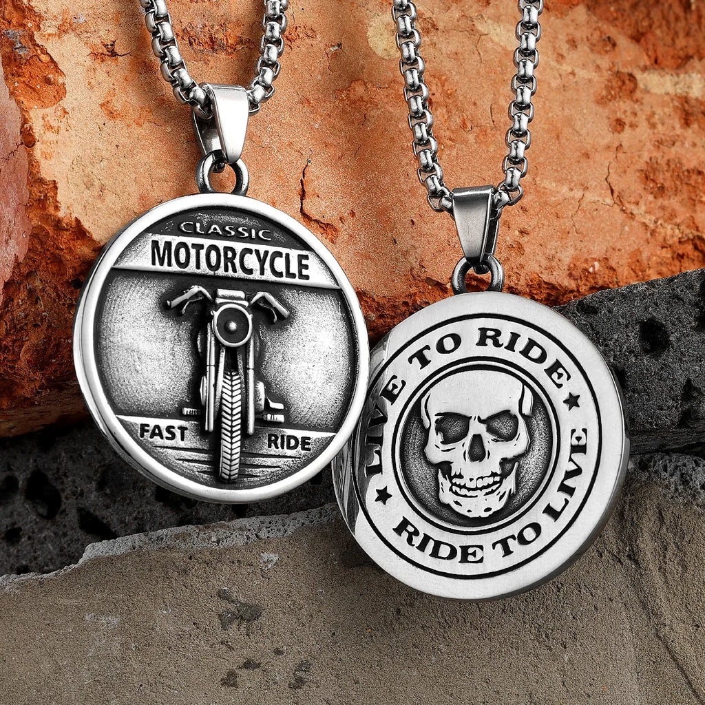 Skull Motorcycle Rider Pendant — Stainless Steel