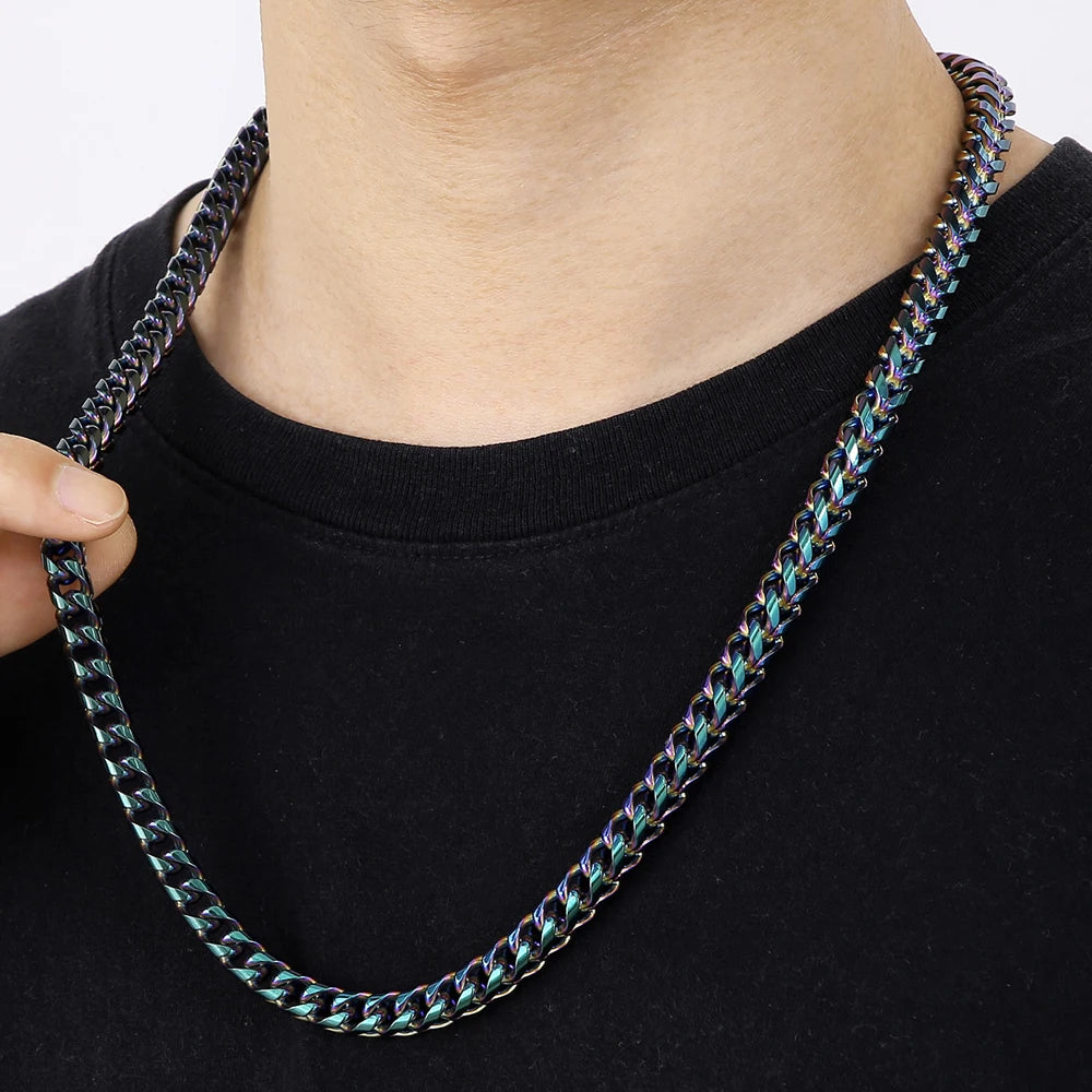 Hip-Hop Men's Necklaces Rainbow Gold Color 8/10MM Wide Stainless Steel Link Neck Chains for Men Birthday Jewelry Gift