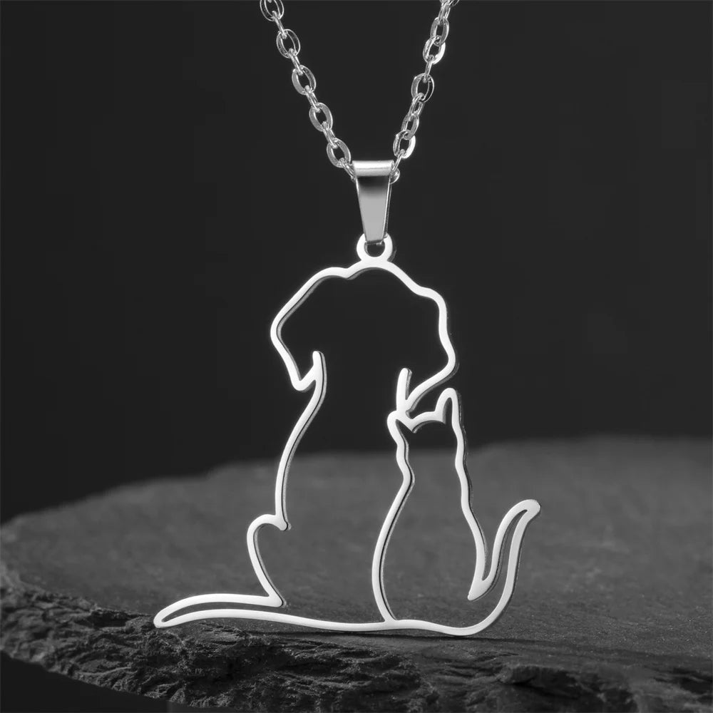 My Shape Hugging Puppy Kitten Necklace for Women Stainless Steel Pendant Chain Animal Cat Dog Jewelry Pets Lovers Gifts