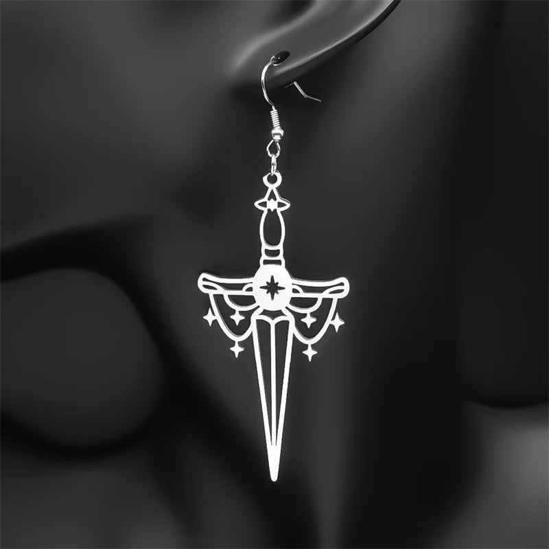Cross Jesus Silver Earrings Goth Sword Star Hoop